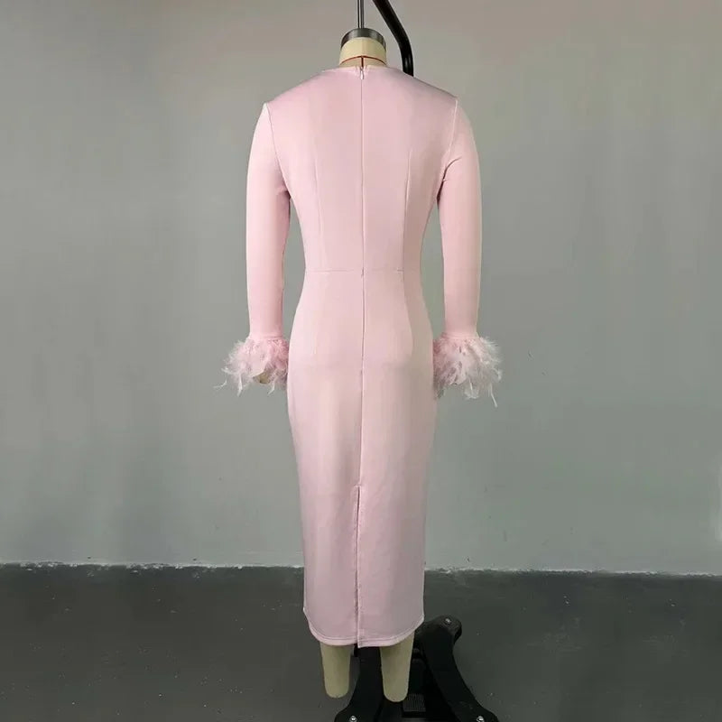 High Waisted Long Sleeve Feather Trim Split Bandage Dress
