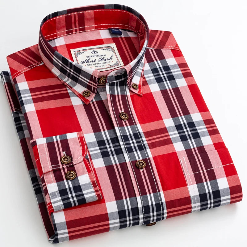 England Style Casual Checkered Shirts Pocketless Button-down Cotton Long Sleeve Standard-fit Plaid Shirt