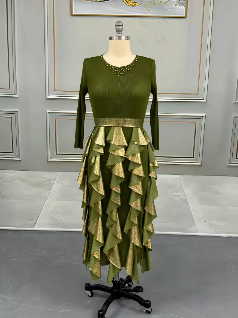 Pleated Bronzing Splicing Dress Beaded Round Neck Loose Women's Dresses
