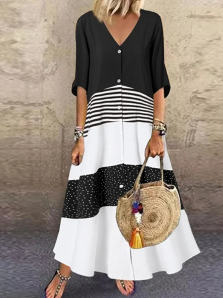 Color Blocked Printed Short Sleeved V-neck Button Up Women's Dress