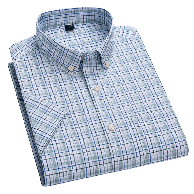 Cotton Summer Stripe Shirts Short Sleeve Oxford Plaid Slim Fit
