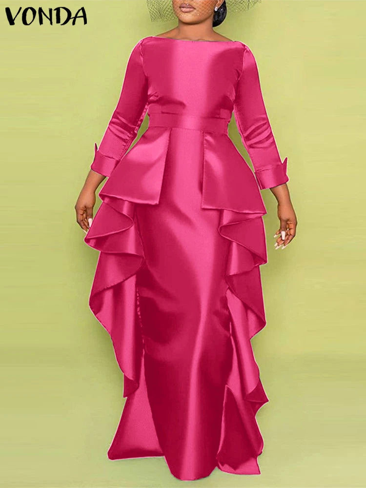 Maxi Long Dress Women Elegant Satin Dress Ruffle Sundress