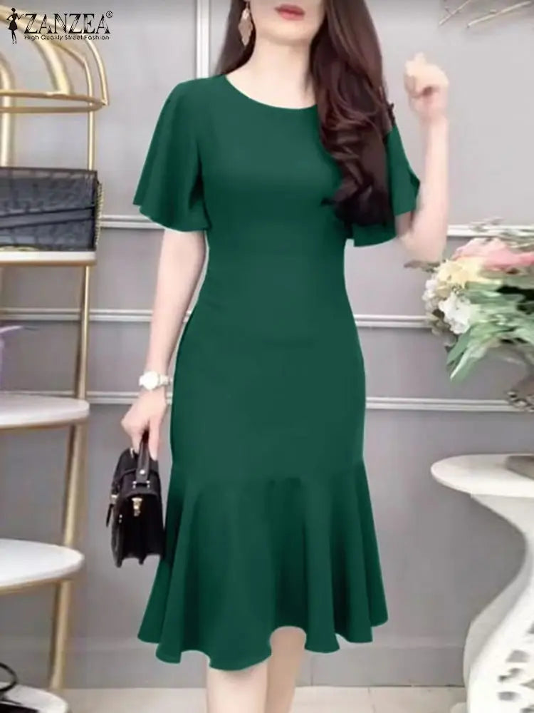 Elegant Women's Mermaid Dresses Short Sleeve O-Neck Ruffled Hem Fitted Partywear