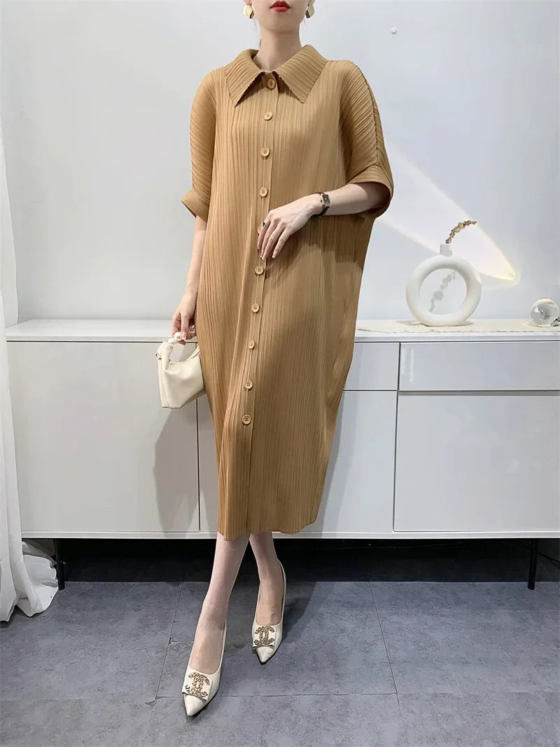 Pleated Dress Women's Loose Plus Size Mid Length Bat Sleeve