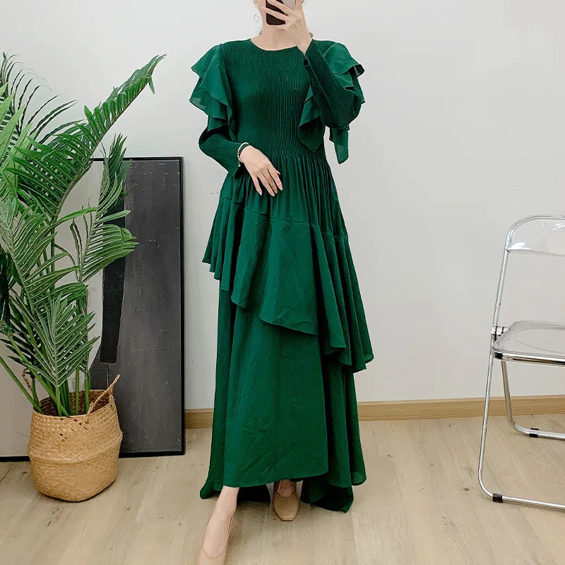 Ruffled Long Dress Long Sleeved Pleated Dress Elegant