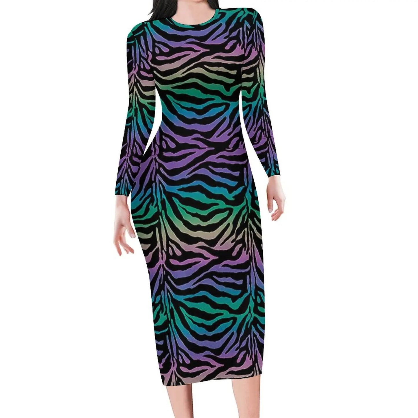 Colorful Zebra Dress Long Sleeve Vintage Dresses Summer Ladies Streetwear Bodycon Dress