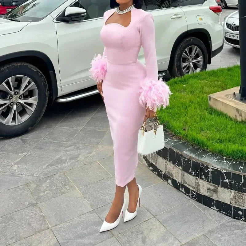 High Waisted Long Sleeve Feather Trim Split Bandage Dress