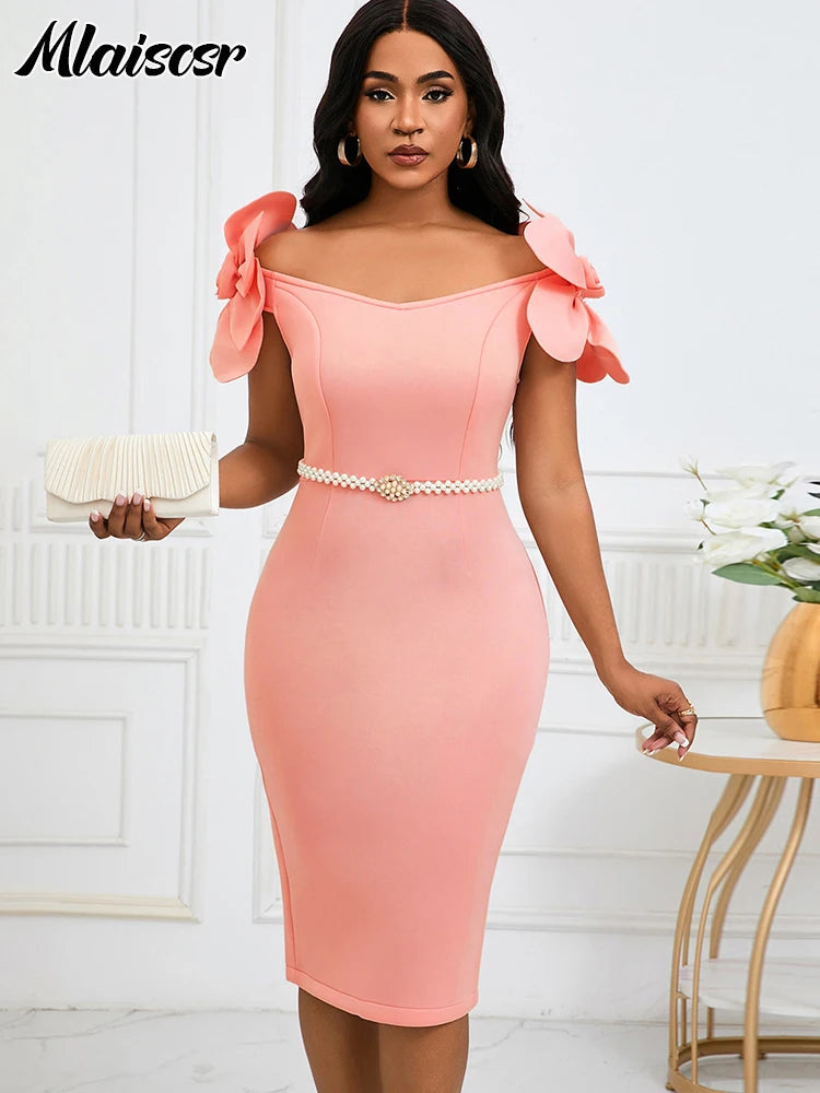 Off the Shoulder Petal Sleeve Mid Dresses with Sashes Woman Clothing