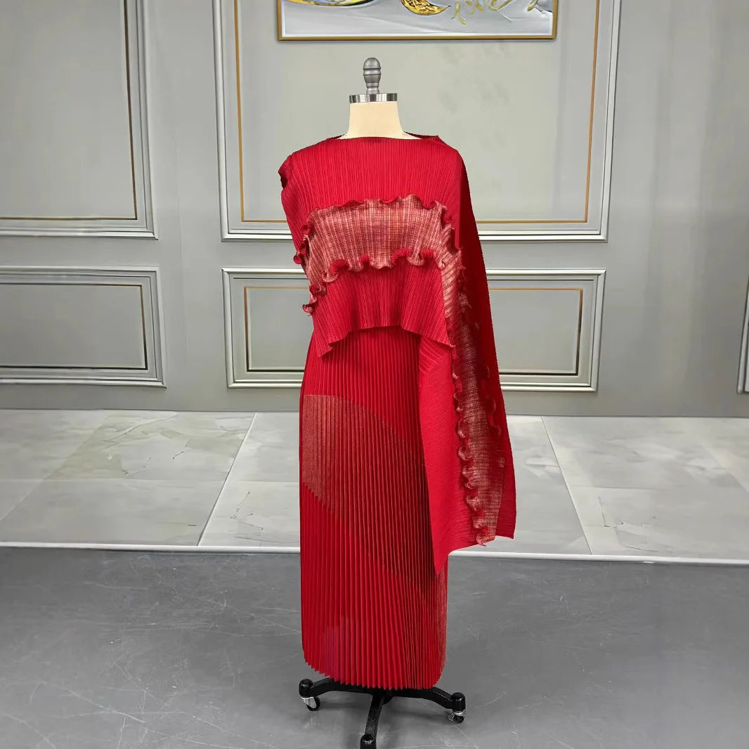 Free Size Pleated Skirt Suit One-shoulder Top + long Skirt Women's 2-piece Set