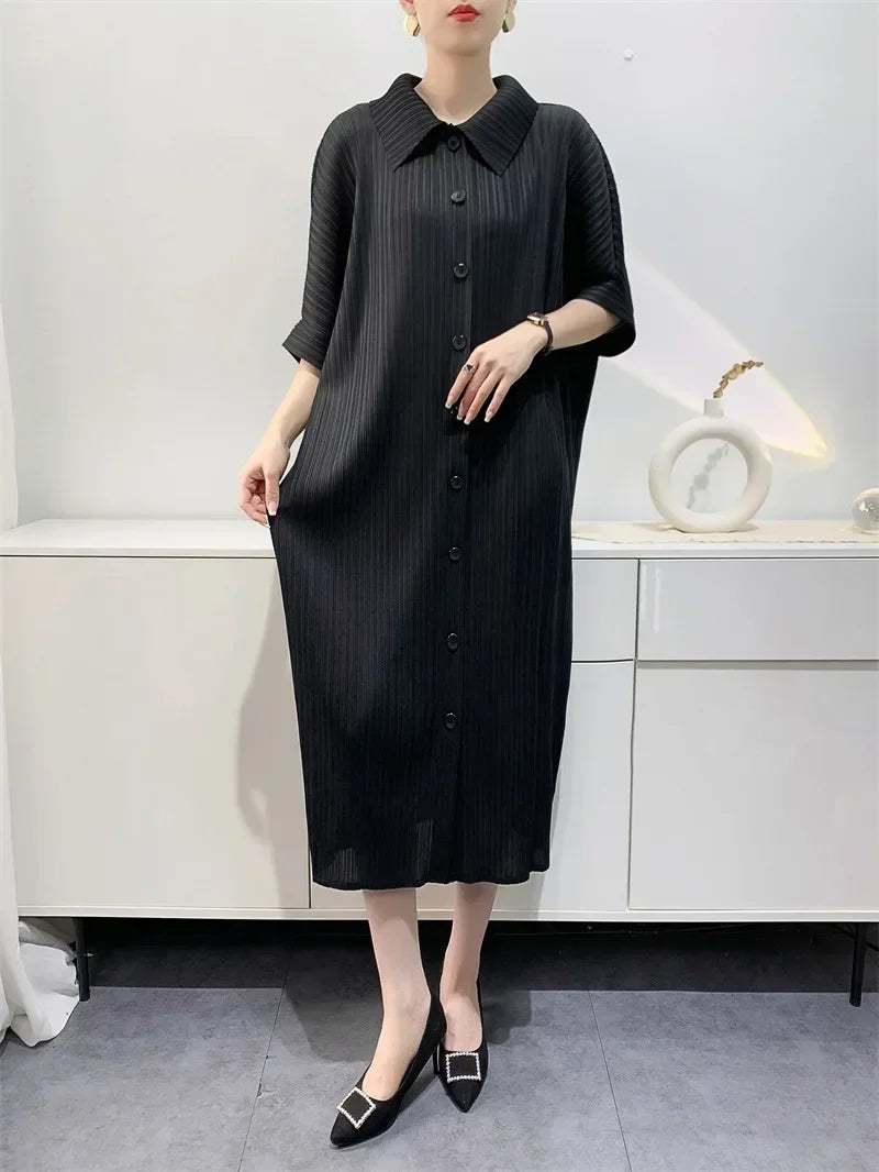 Pleated Dress Women's Loose Plus Size Mid Length Bat Sleeve