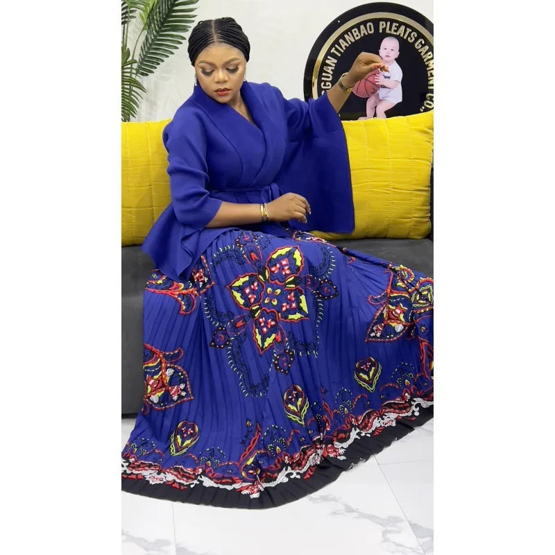 One Size Pleated Elegant Party 2 Piece Set Women Belt Batwing Sleeves Tops A-line Print Folds Long Skirt Fashion New Sets