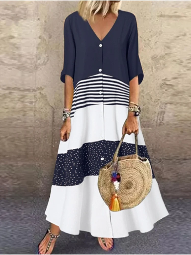 Color Blocked Printed Short Sleeved V-neck Button Up Women's Dress