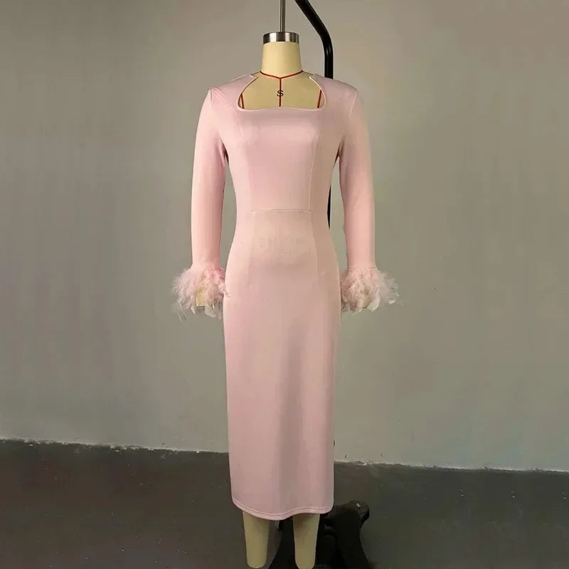 High Waisted Long Sleeve Feather Trim Split Bandage Dress