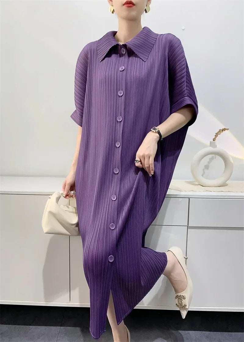 Pleated Dress Women's Loose Plus Size Mid Length Bat Sleeve