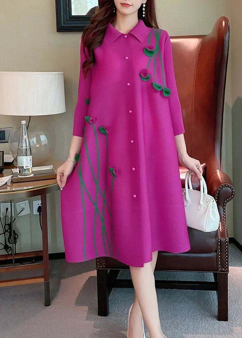 Pleated Dress Dress Lapel Print Loose Cardigan