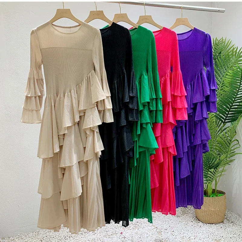 Ruffles Pleated Dress Women Long Sleeves Dresses Party Clothing
