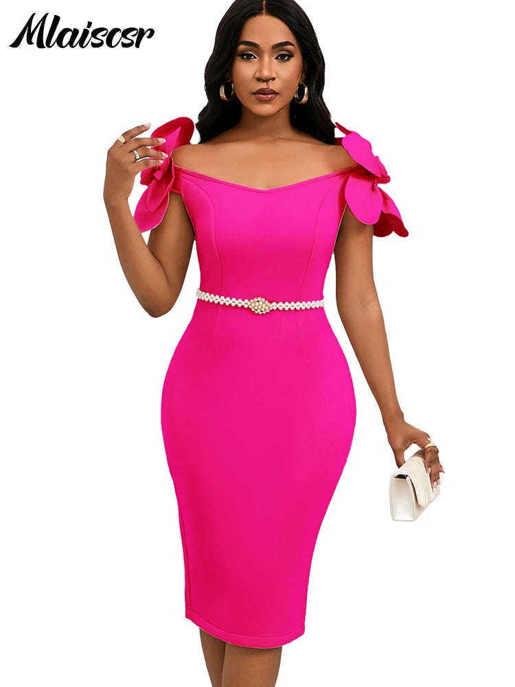 Off the Shoulder Petal Sleeve Mid Dresses with Sashes Woman Clothing