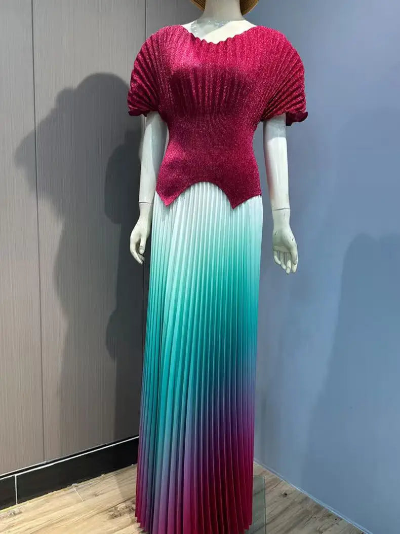 Pleated Free Size Size Women's Skirt and Top Set