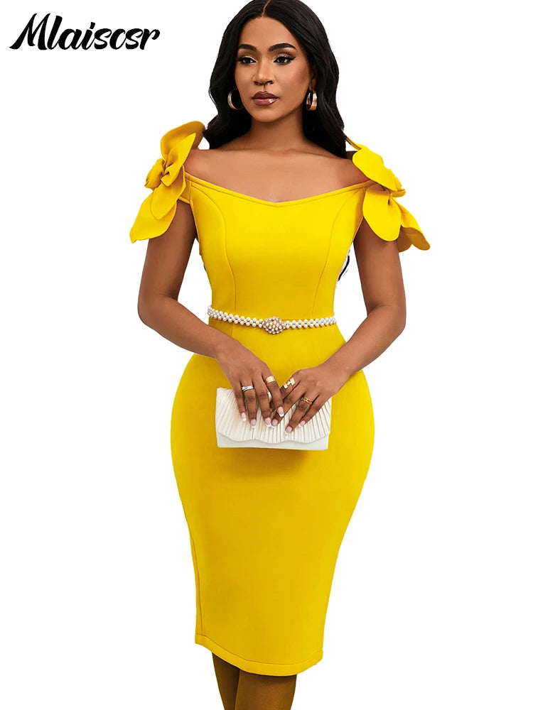 Off the Shoulder Petal Sleeve Mid Dresses with Sashes Woman Clothing