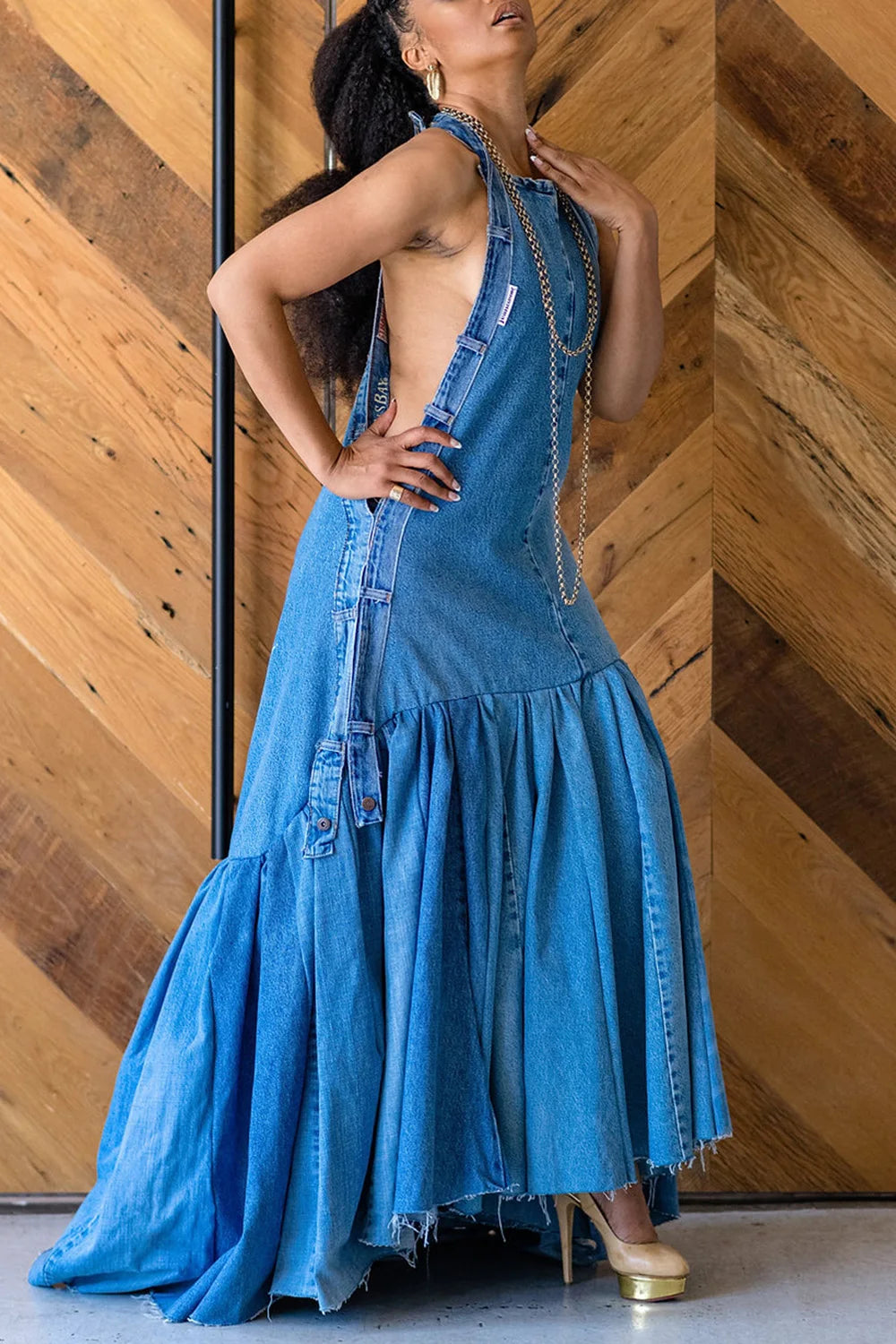 Plus Size Blue Denim Ruffles Halter Mermaid Maxi Dress Women Long Dress