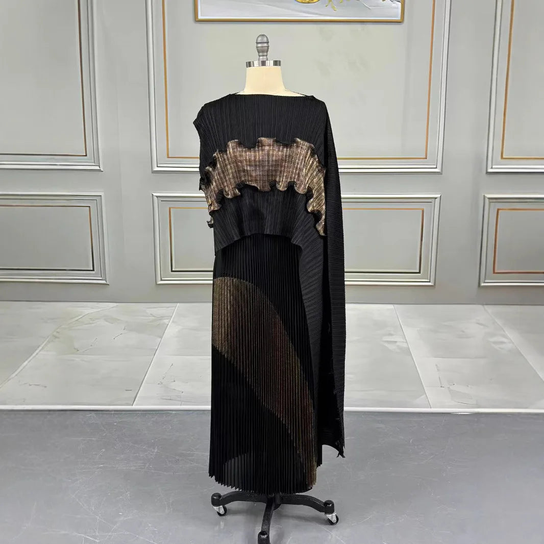 Free Size Pleated Skirt Suit One-shoulder Top + long Skirt Women's 2-piece Set