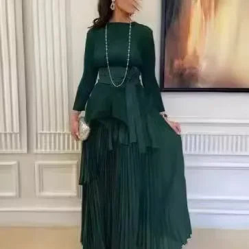 Pleated Women's Suit Irregular Lantern top and Long Skirt Two-piece Set