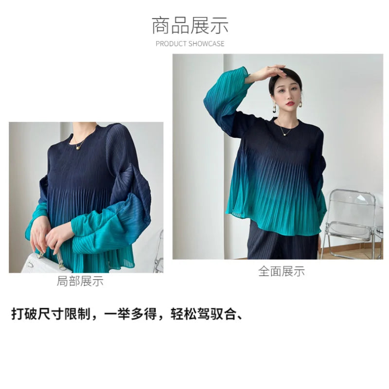 Pleated Pants Set Gradient Bubble Sleeve Loose Women's Two-piece Suit
