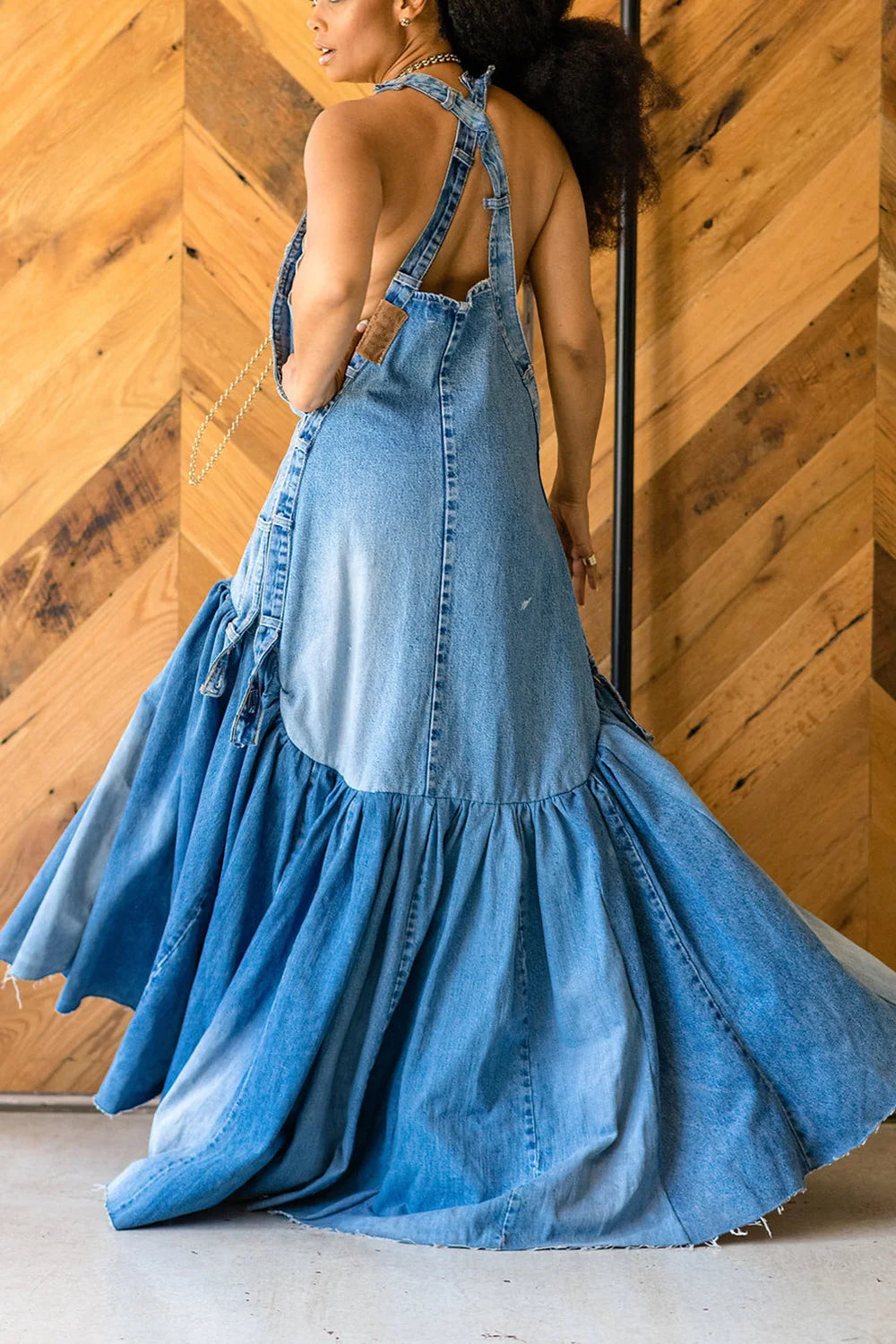 Plus Size Blue Denim Ruffles Halter Mermaid Maxi Dress Women Long Dress