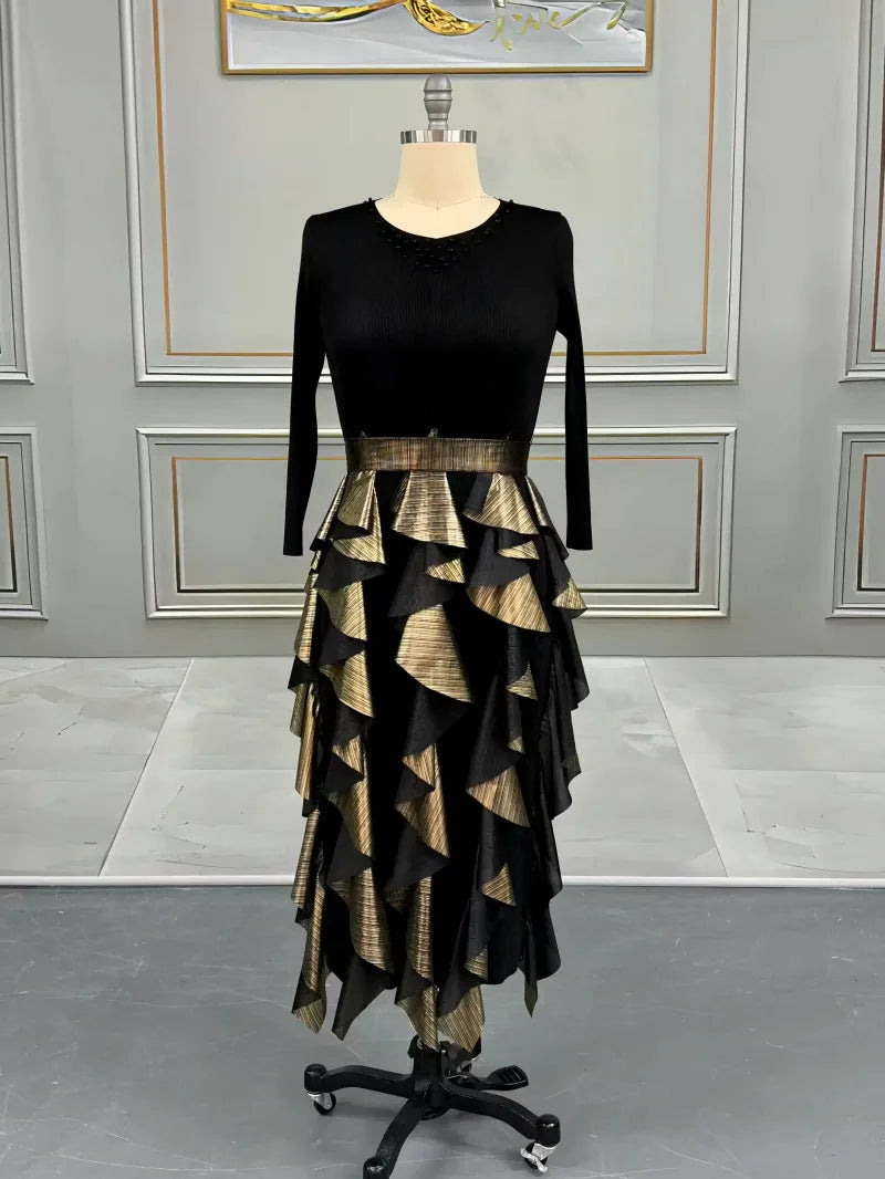 Pleated Bronzing Splicing Dress Beaded Round Neck Loose Women's Dresses