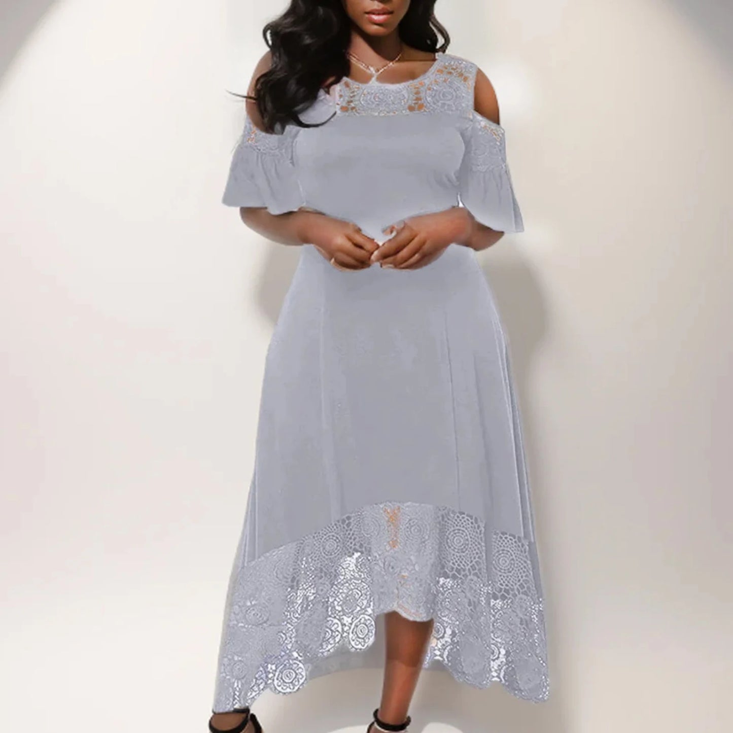 Party Dress Women Elegant Classy Plus Size Summer Round-Neck Off Shoulder Lace Short Sleeve Wedding Guest Dresses