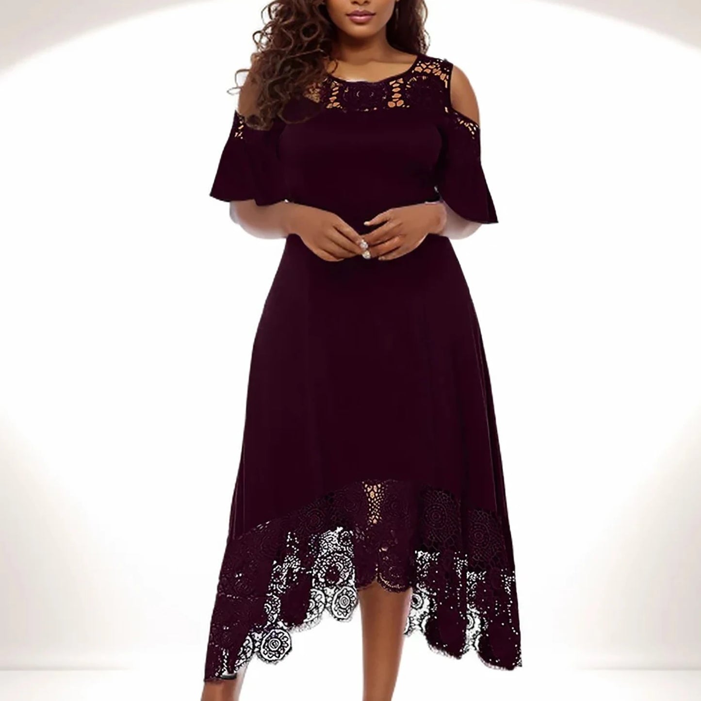Party Dress Women Elegant Classy Plus Size Summer Round-Neck Off Shoulder Lace Short Sleeve Wedding Guest Dresses