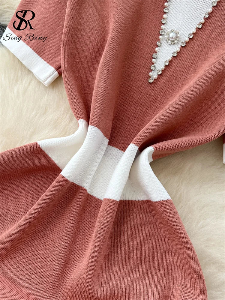 Vintage Knit Midi Sundress Women Polo Collar Short Sleeves Beading Chic Dress