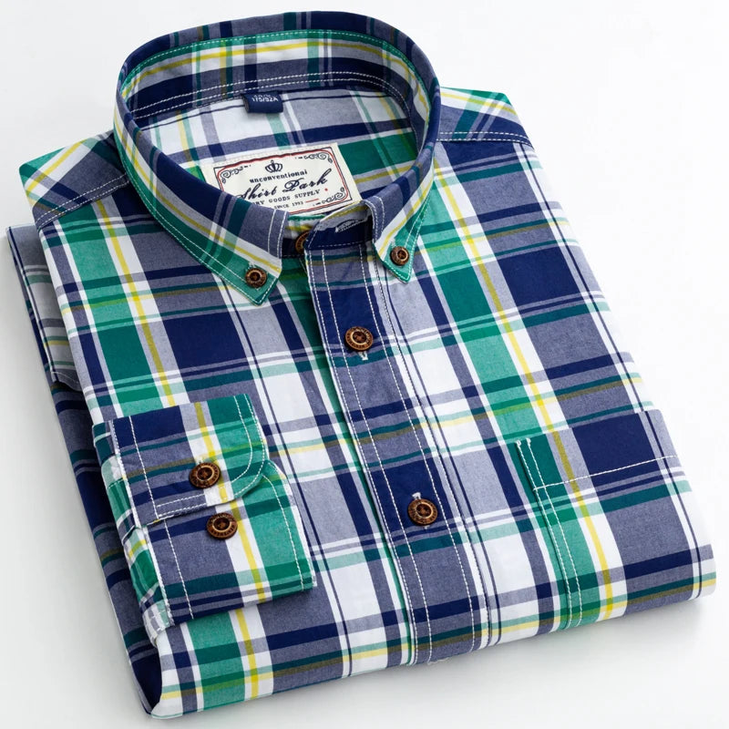 England Style Casual Checkered Shirts Pocketless Button-down Cotton Long Sleeve Standard-fit Plaid Shirt