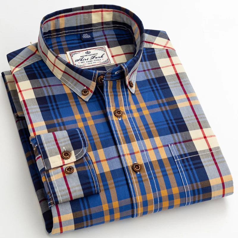 England Style Casual Checkered Shirts Pocketless Button-down Cotton Long Sleeve Standard-fit Plaid Shirt