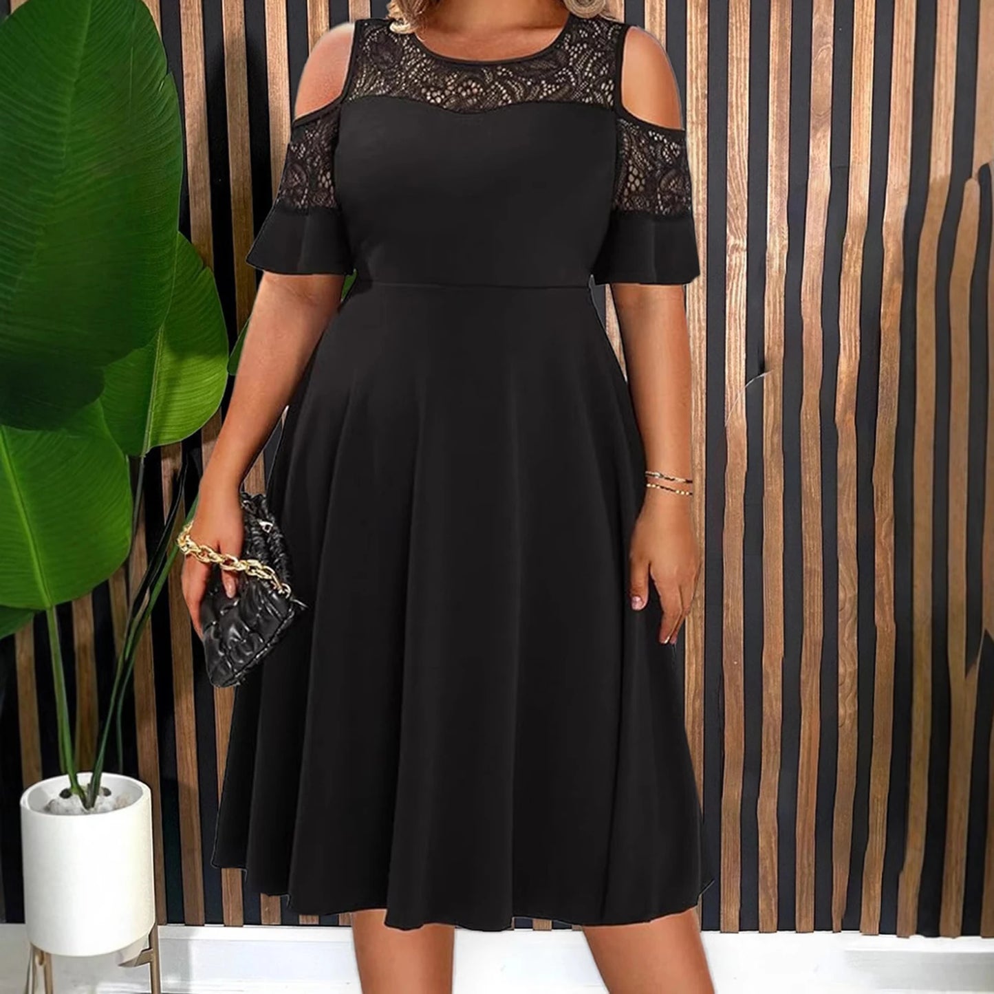 Women Plus Size Black Lace Cocktail Dress Line Party Dress