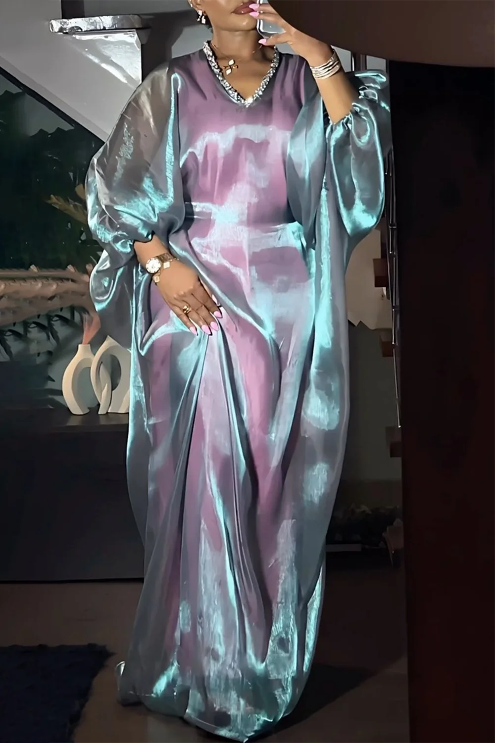 Plus Size Semi Formal Dress Green Lantern Sleeve Maxi Dress Party Long Dress