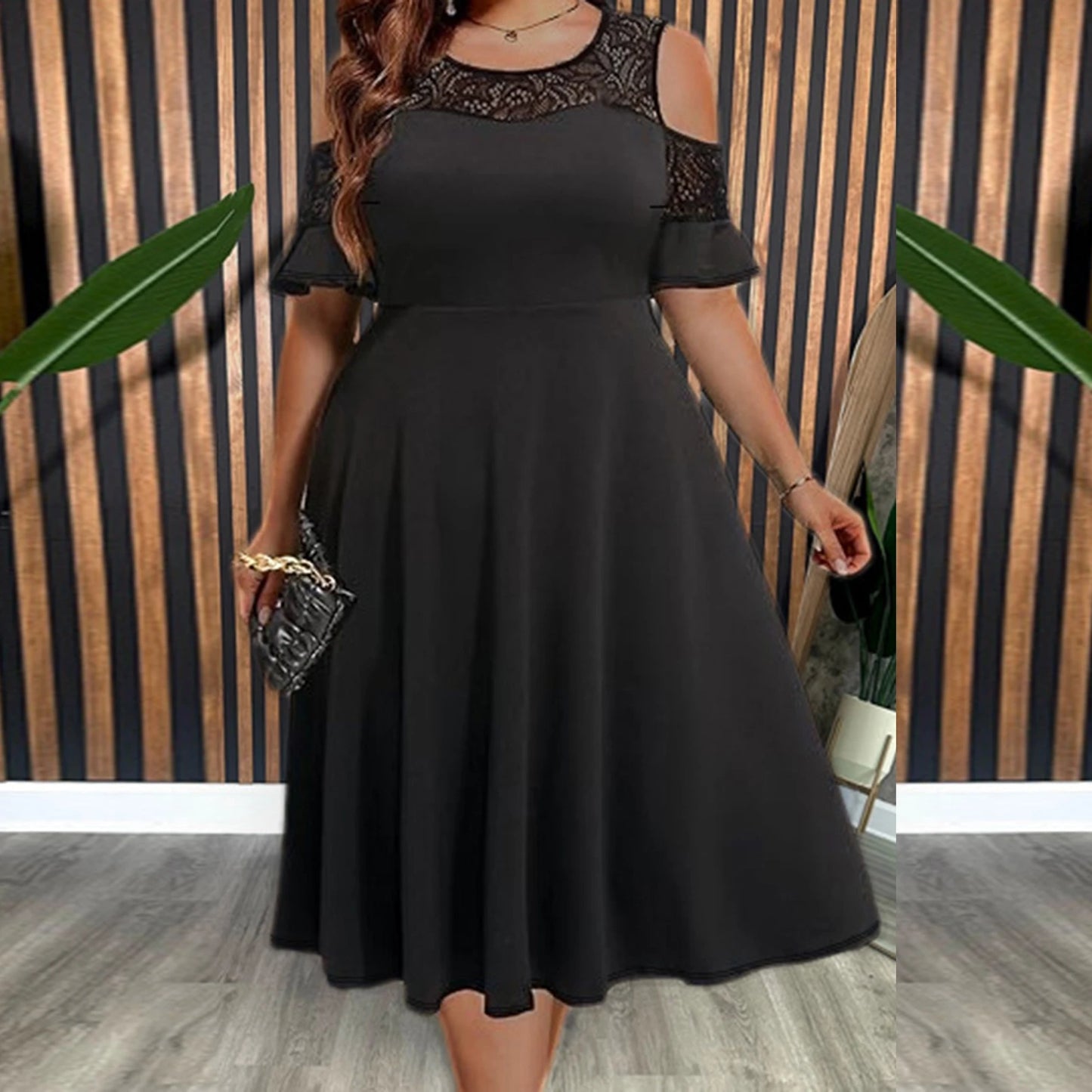 Women Plus Size Black Lace Cocktail Dress Line Party Dress