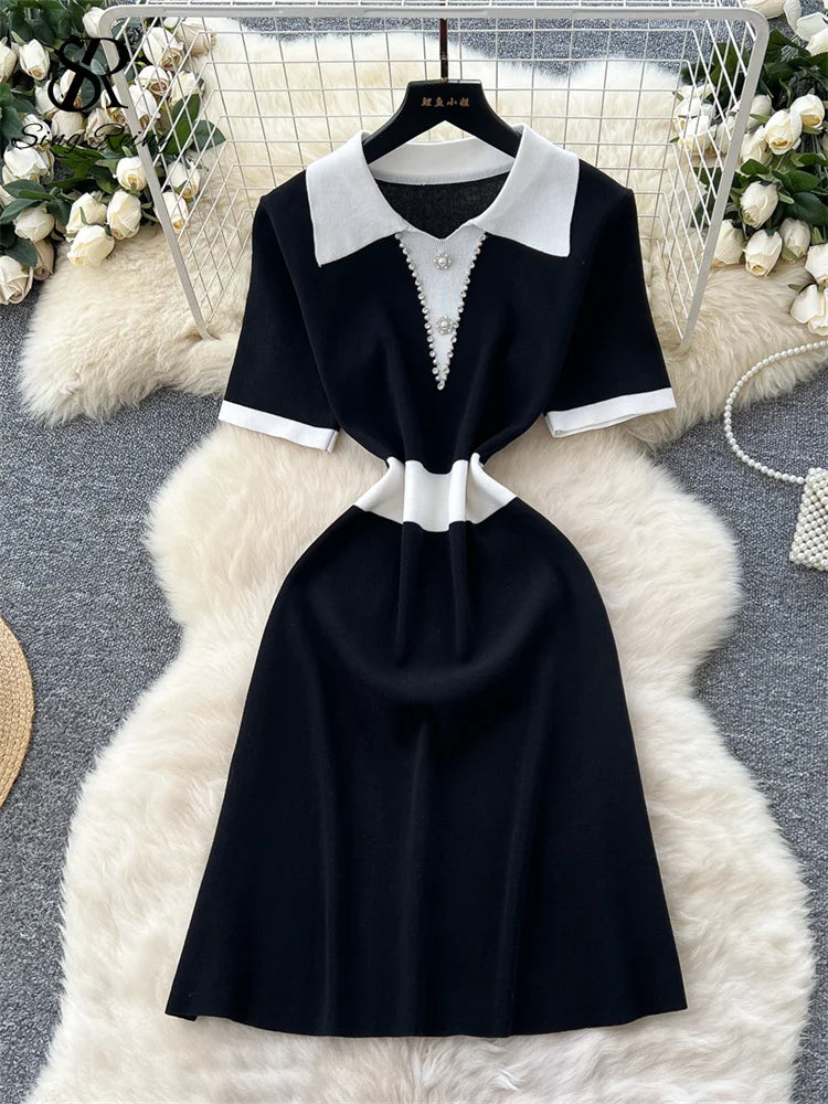 Vintage Knit Midi Sundress Women Polo Collar Short Sleeves Beading Chic Dress