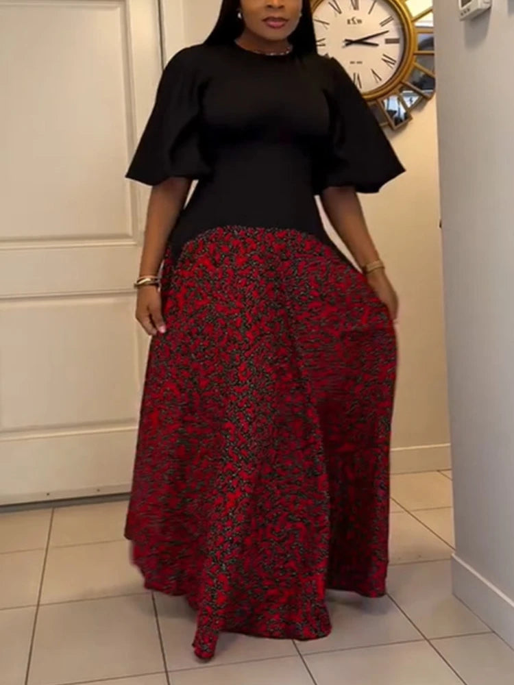 Printed Patchwork Dresses Lantern Sleeves High Waist A Line Maxi