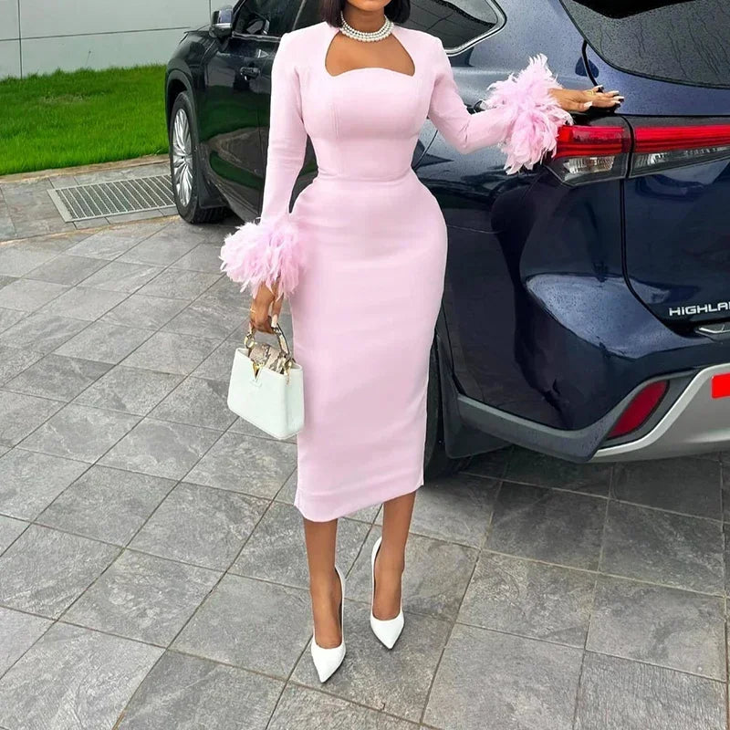High Waisted Long Sleeve Feather Trim Split Bandage Dress