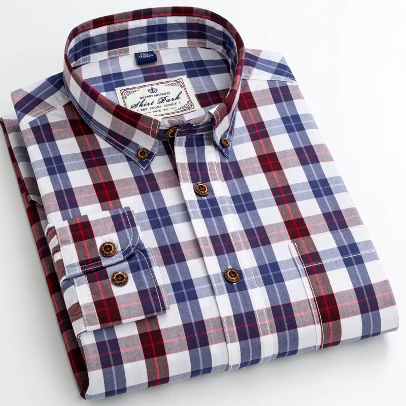 England Style Casual Checkered Shirts Pocketless Button-down Cotton Long Sleeve Standard-fit Plaid Shirt