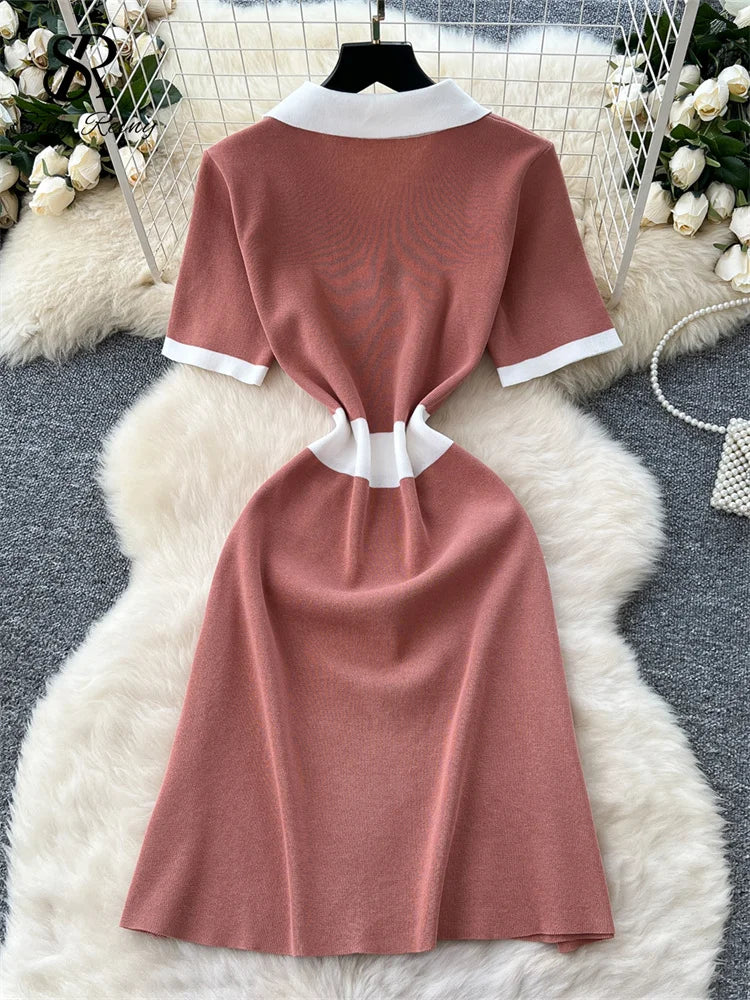 Vintage Knit Midi Sundress Women Polo Collar Short Sleeves Beading Chic Dress