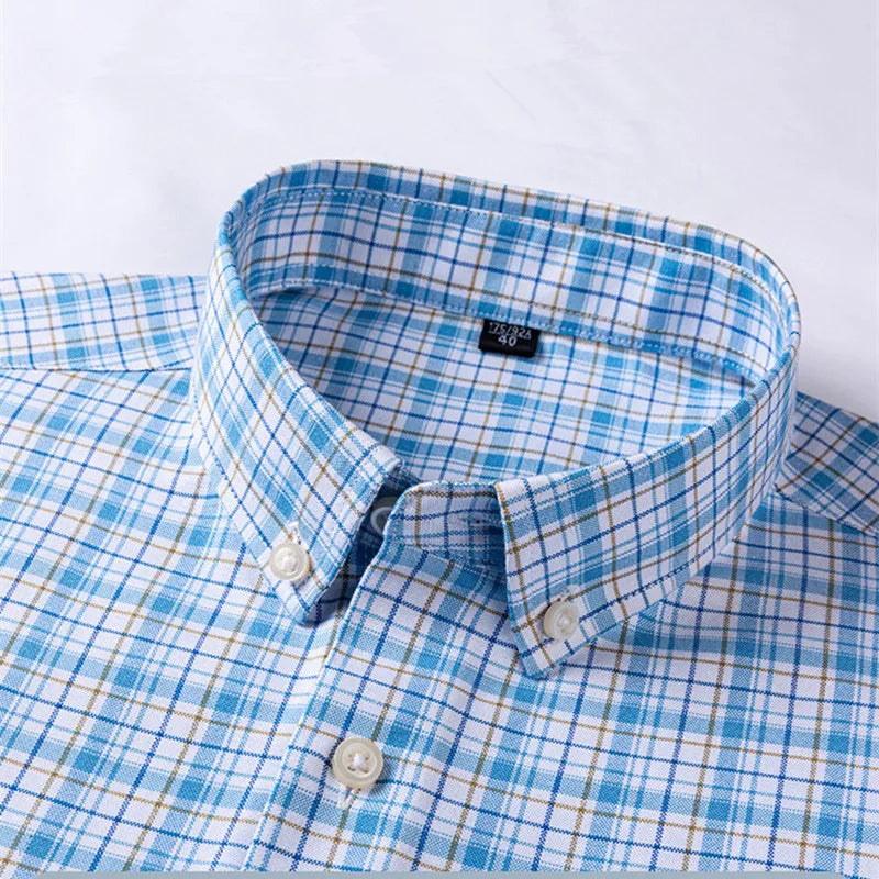 Cotton Summer Stripe Shirts Short Sleeve Oxford Plaid Slim Fit