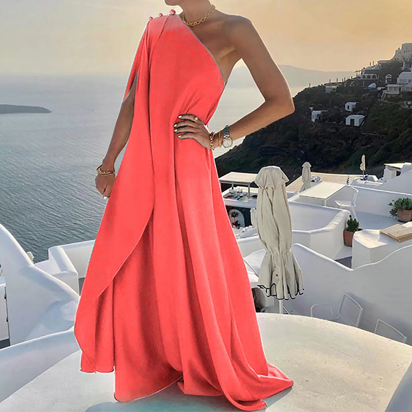 One Shoulder Swing Dresses Elegant Ladies Wedding Party Sleeveless Maxi Dress