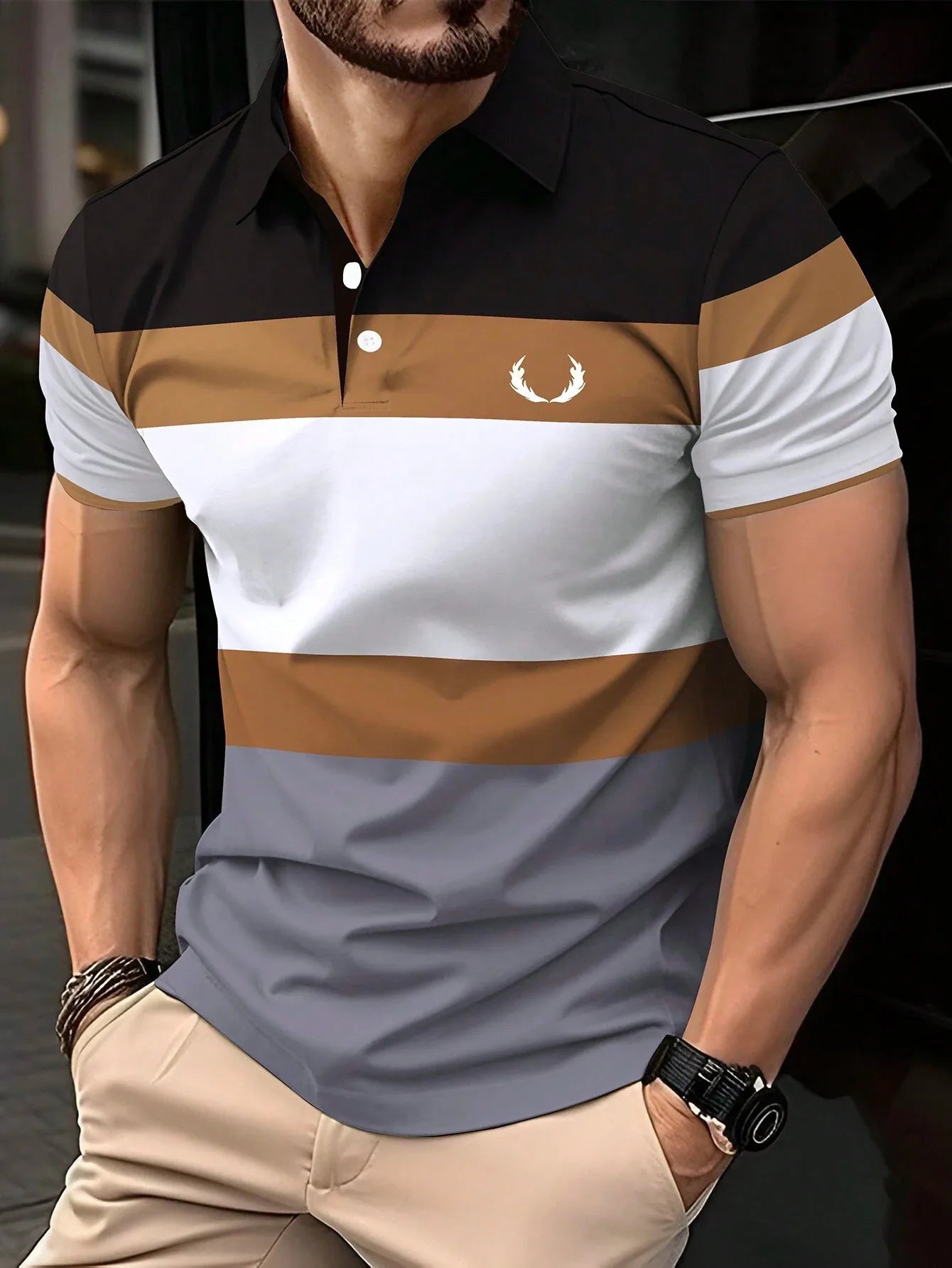 Mens striped summer short sleeved lapel polo shirt business