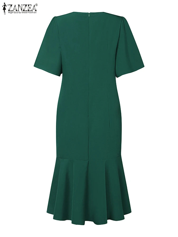 Elegant Women's Mermaid Dresses Short Sleeve O-Neck Ruffled Hem Fitted Partywear
