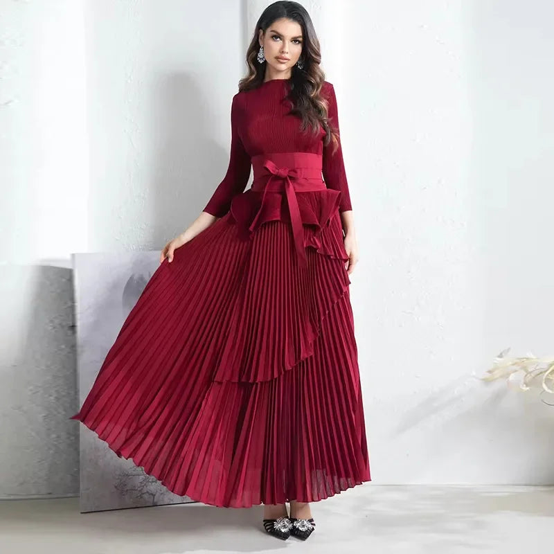 Pleated Women's Suit Irregular Lantern top and Long Skirt Two-piece Set