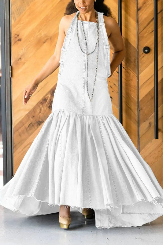 Plus Size Blue Denim Ruffles Halter Mermaid Maxi Dress Women Long Dress