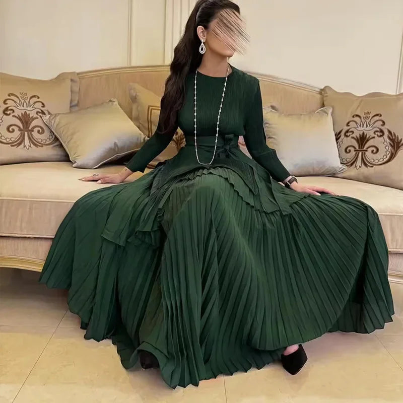 Pleated Women's Suit Irregular Lantern top and Long Skirt Two-piece Set