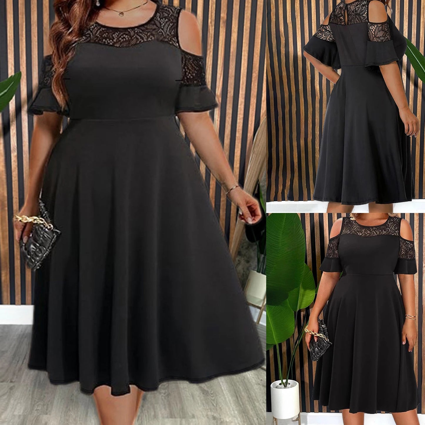 Women Plus Size Black Lace Cocktail Dress Line Party Dress